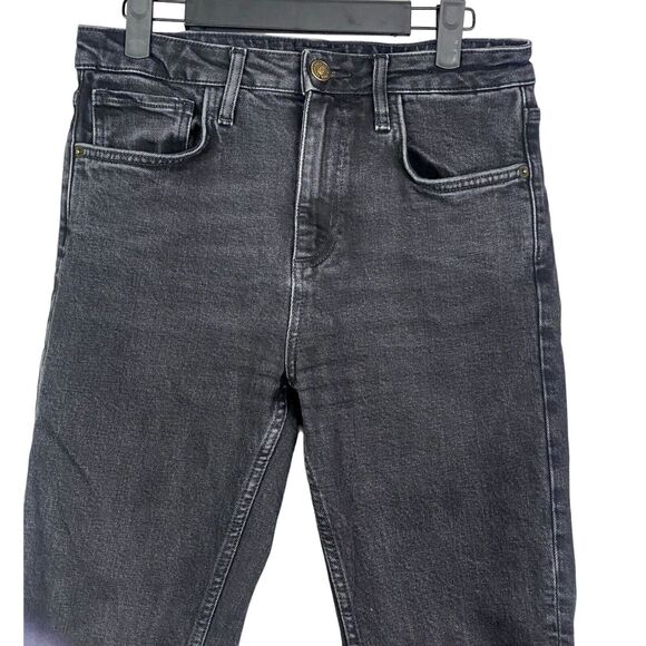 ZARA Slim Straight High Waisted Stretch Jeans Raw Hem 6 Rinsed Black #3059 - Picture 3 of 14